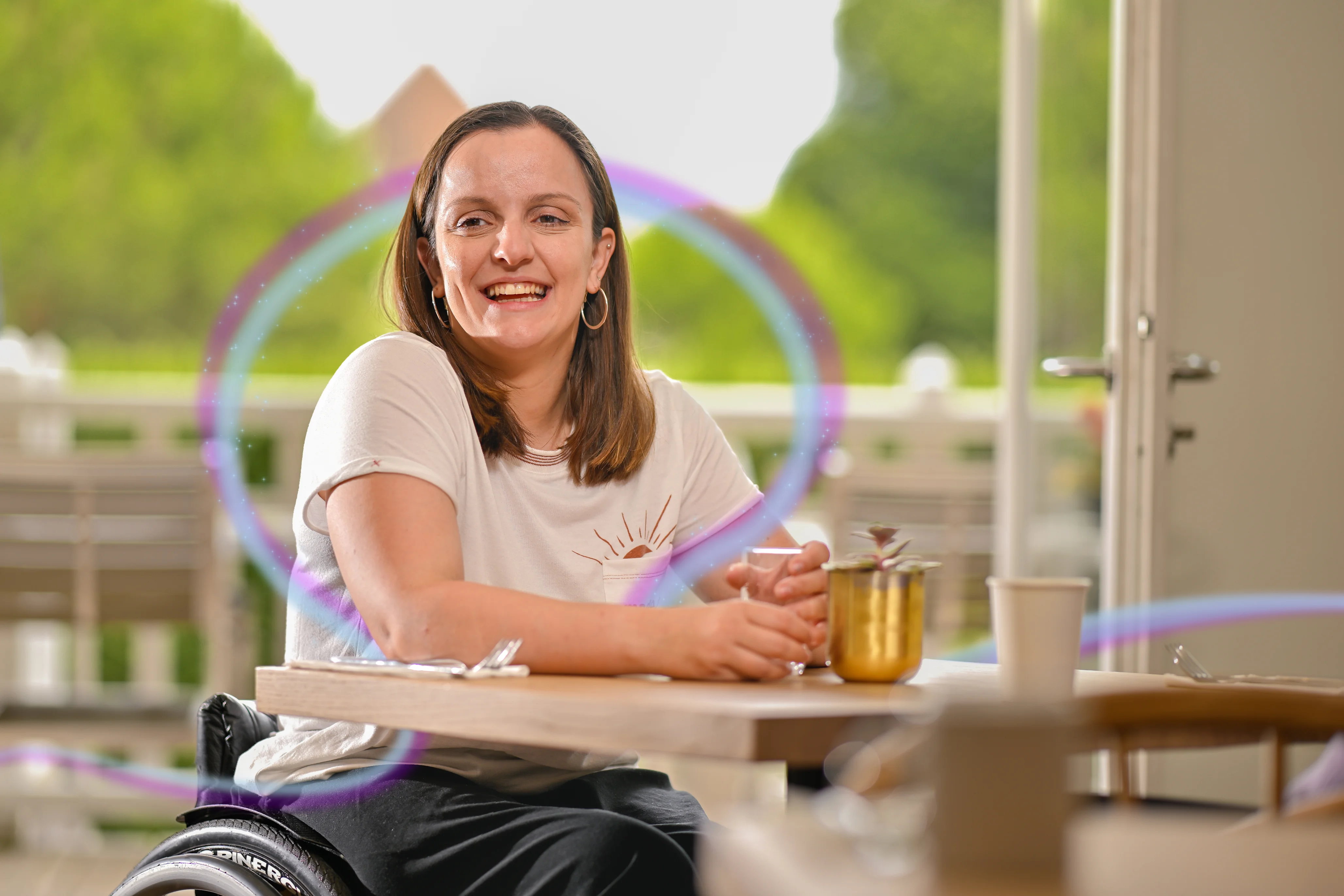 a woman sitting at a table